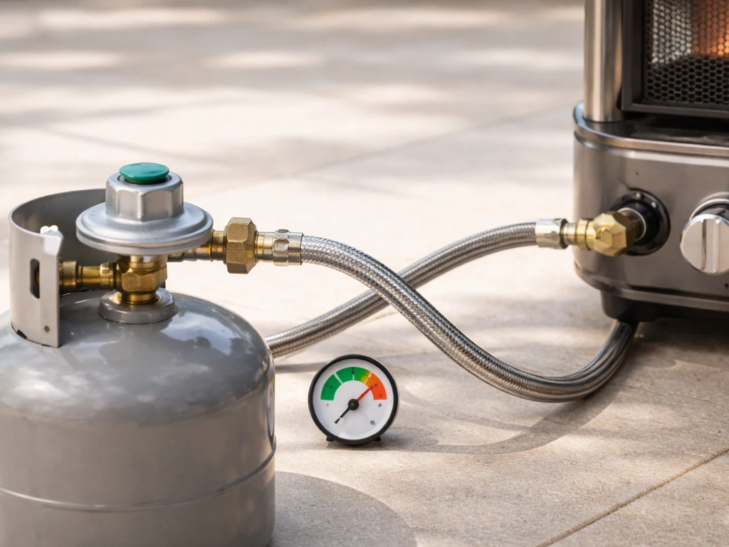 Close-up of LPG canister with regulator and hose connected to a tabletop gas heater, with an analog-style indicator.