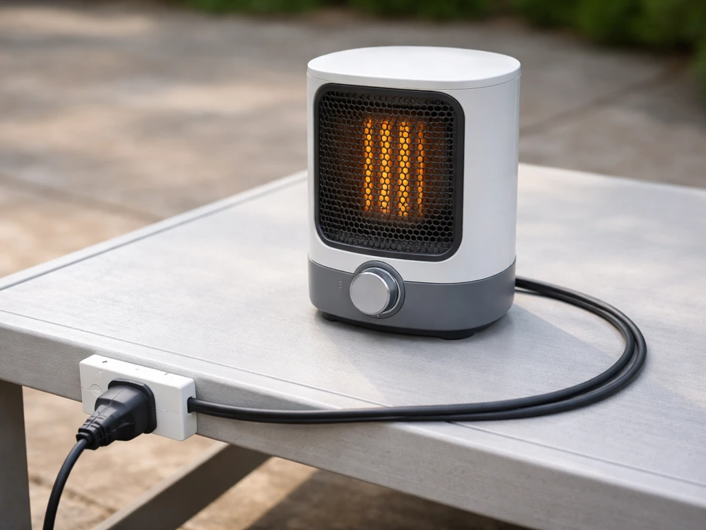 Close-up of a compact electric tabletop heater on a patio table with mains plug, cable neatly routed, and control dial.