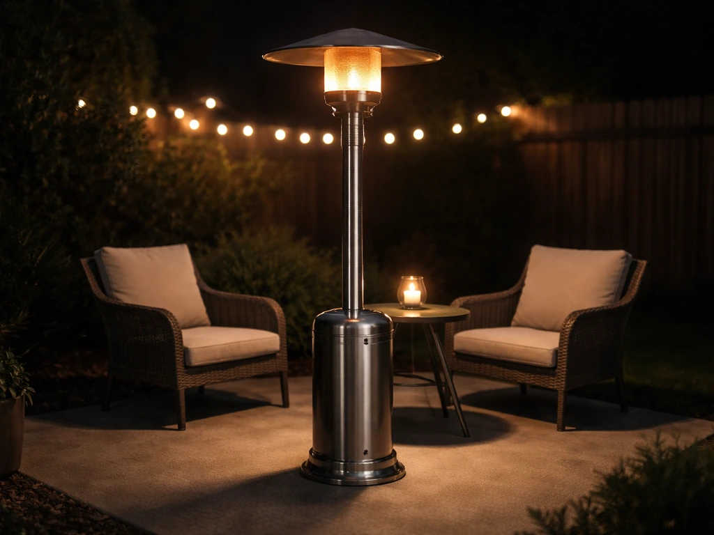 Outdoor patio at night with a visible patio heater glowing above nearby seating area.