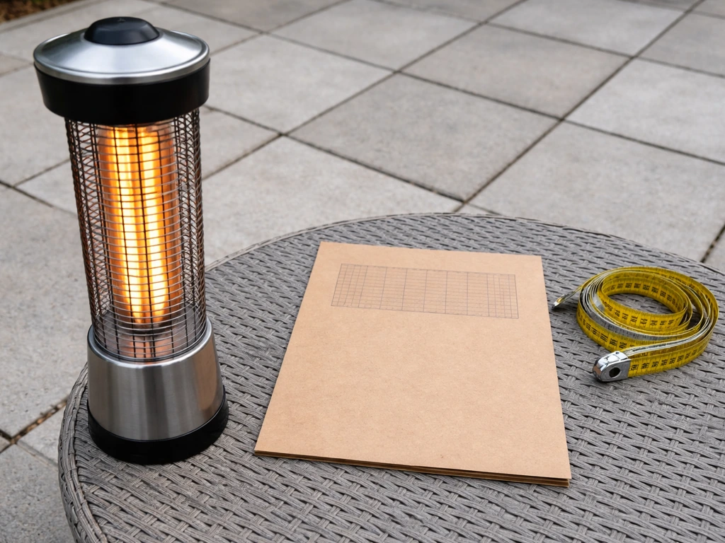 Patio heater beside an unreadable BTU spec sheet and measuring tape to illustrate coverage distance.