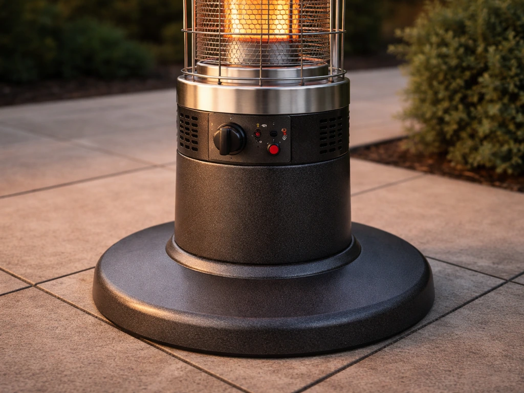 Close-up of an outdoor patio heater’s stable base and control area on a tiled patio.