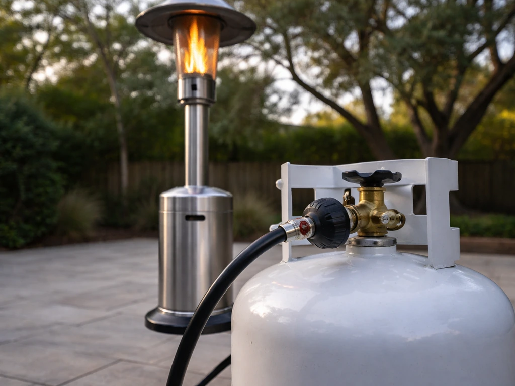 Outdoor propane patio heater operating with a propane tank and regulator connection visible.