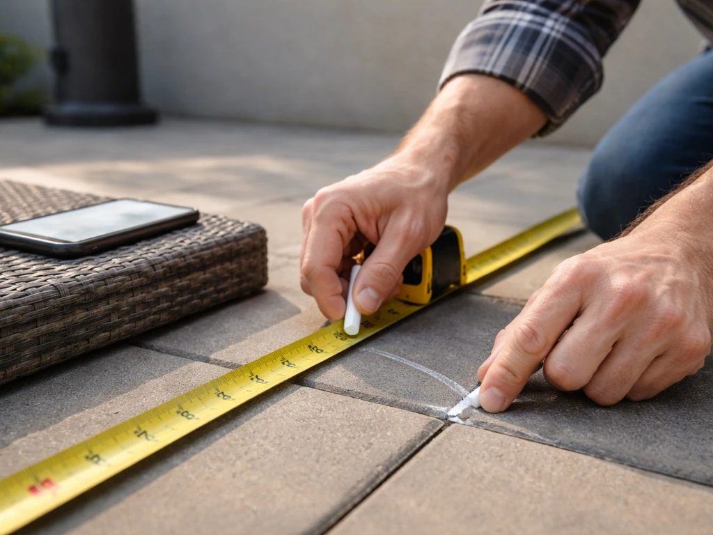 Hands measuring a patio footprint with a tape measure and chalk marks, smartphone nearby.