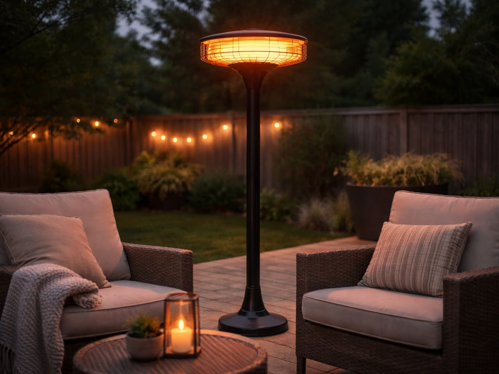 Electric patio heater glowing on a cozy outdoor patio at dusk with seating nearby