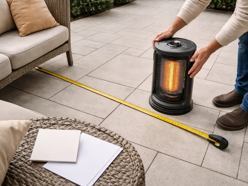 Person measuring a small patio and placing an electric heater nearby with a wattage note card