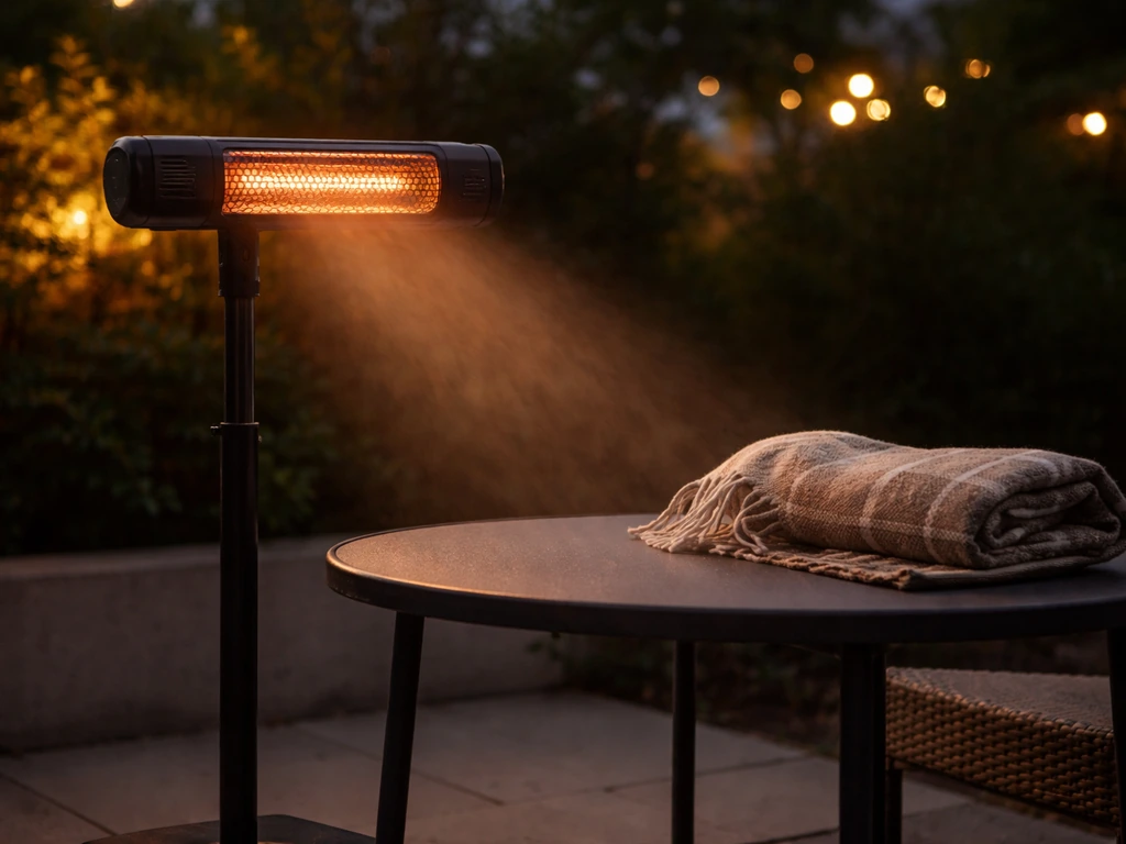 Infrared patio heater angled toward a blanket on a table, showing direct radiant warmth.