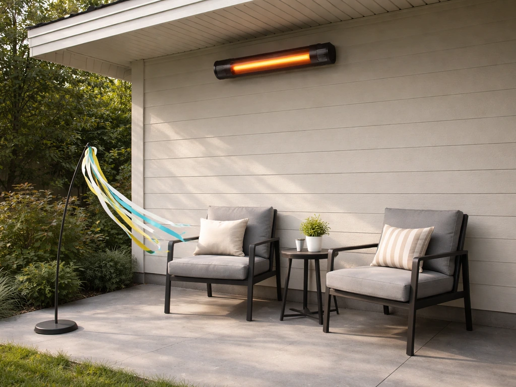 Patio with wall-mounted infrared heater, seating, and a small wind streamer showing airflow reducing coverage.