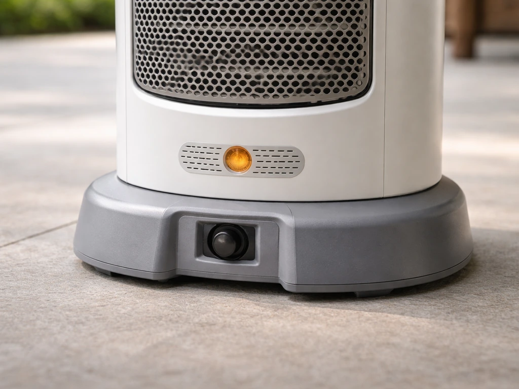 Close-up of an electric heater’s tip-over shutoff and overheat protection area on a freestanding unit.