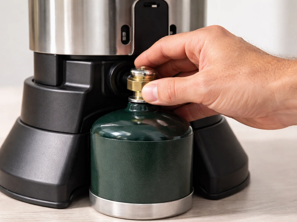 Close-up of a 1-lb propane cylinder hand-tightened into a heater’s regulator connection at the base