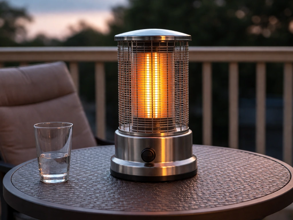 Compact Fire Sense tabletop patio heater on a small balcony table, softly glowing and ready for use