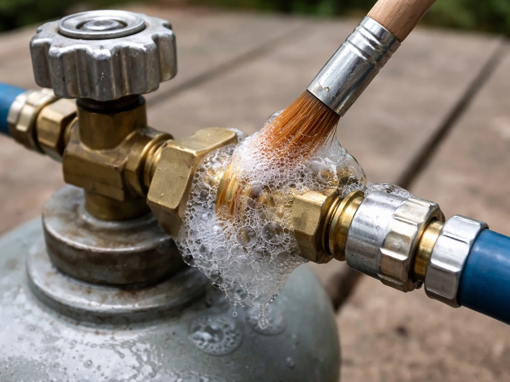 Soapy water on a gas cylinder regulator connection with visible bubbles indicating a leak.
