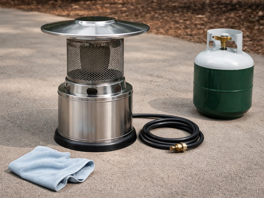 Propane heater fully cooled with cylinder disconnected, stainless wiped clean and microfiber cloth visible.