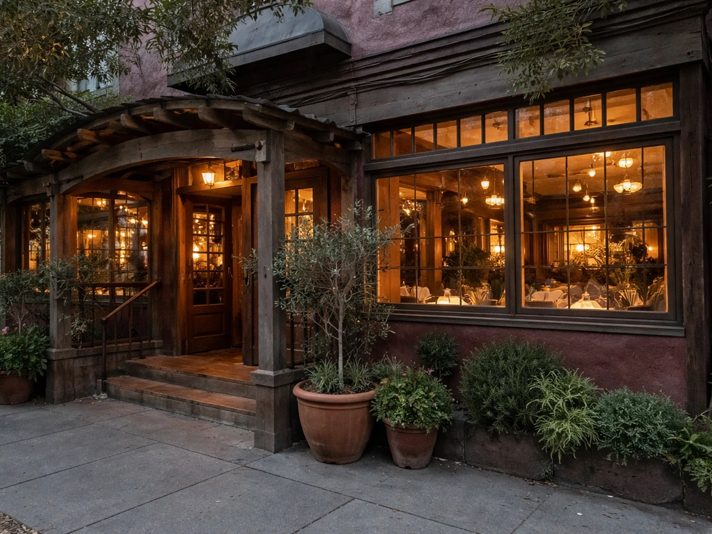 Chez Panisse storefront exterior in Berkeley with warm evening light and a quiet street
