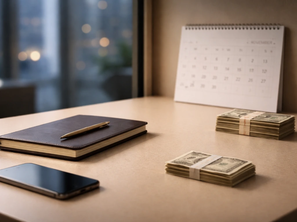 Minimal scene symbolizing income peak vs later-stage earnings: anonymous desk with cash and a calendar.