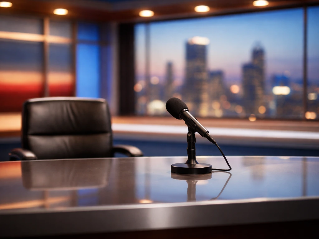 Empty TV news studio desk with microphone and blurred city skyline outside the window