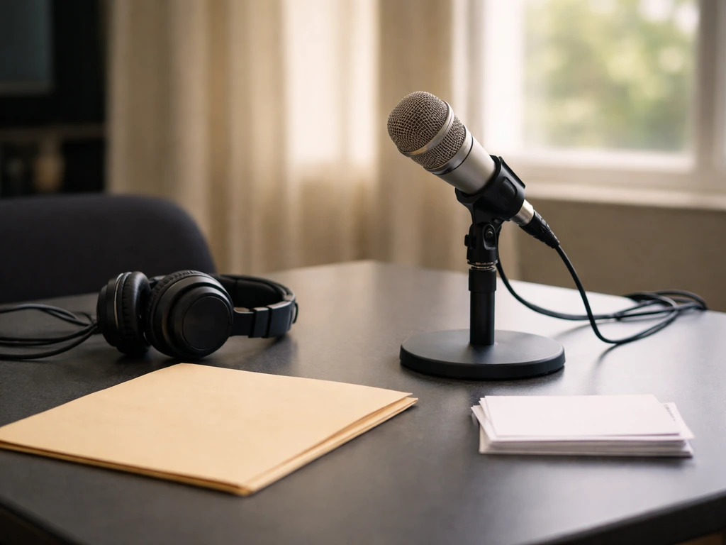 Broadcast studio microphone on a desk with headphones and blank cue cards, symbolizing journalist income sources.