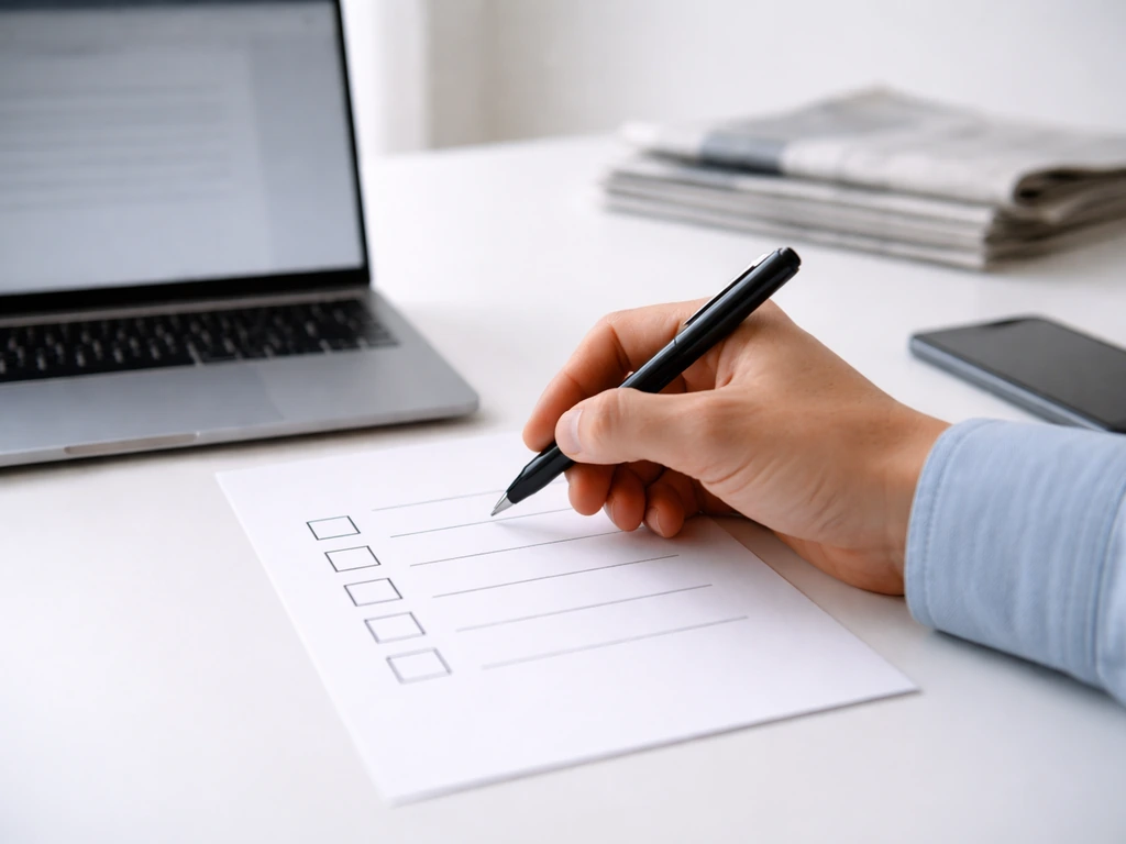 Hand holding a pen reviewing a checklist beside a laptop and phone in a quiet office