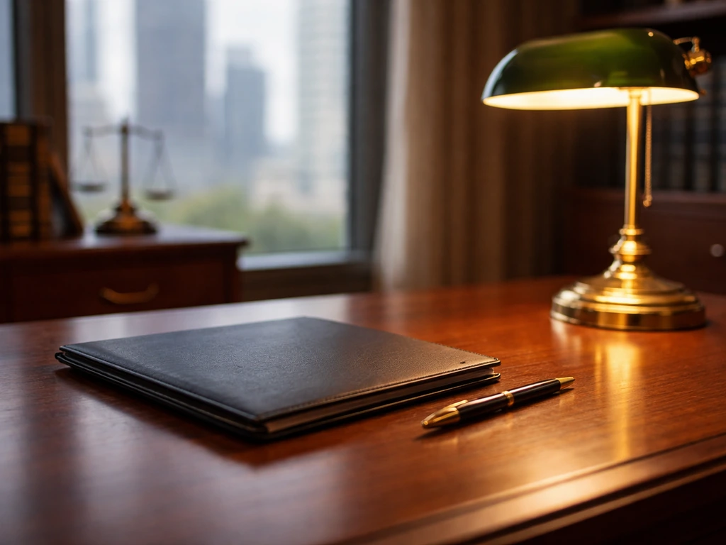 Upscale law-office desk with legal folder and pen, softly lit by natural window light, no people