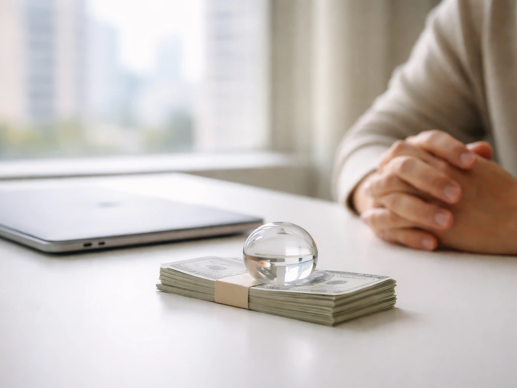 Minimal photo of a desk with a closed laptop, cash-like props, and a soft-focus money-themed background