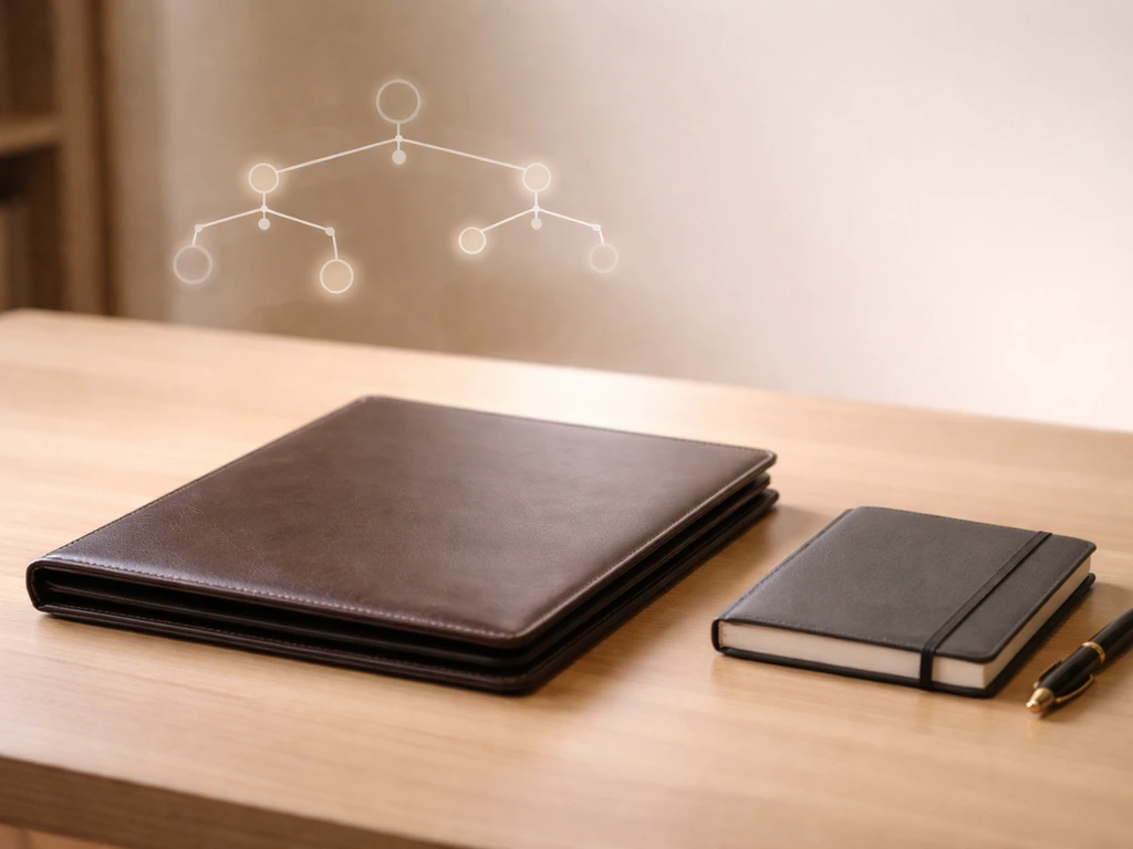 Law firm desk with a closed legal folder and a subtle symbolic equity-ownership network illustration in soft focus