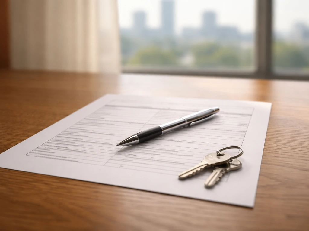 Close-up of a real estate document on a desk with a pen and keys, symbolizing property record checks