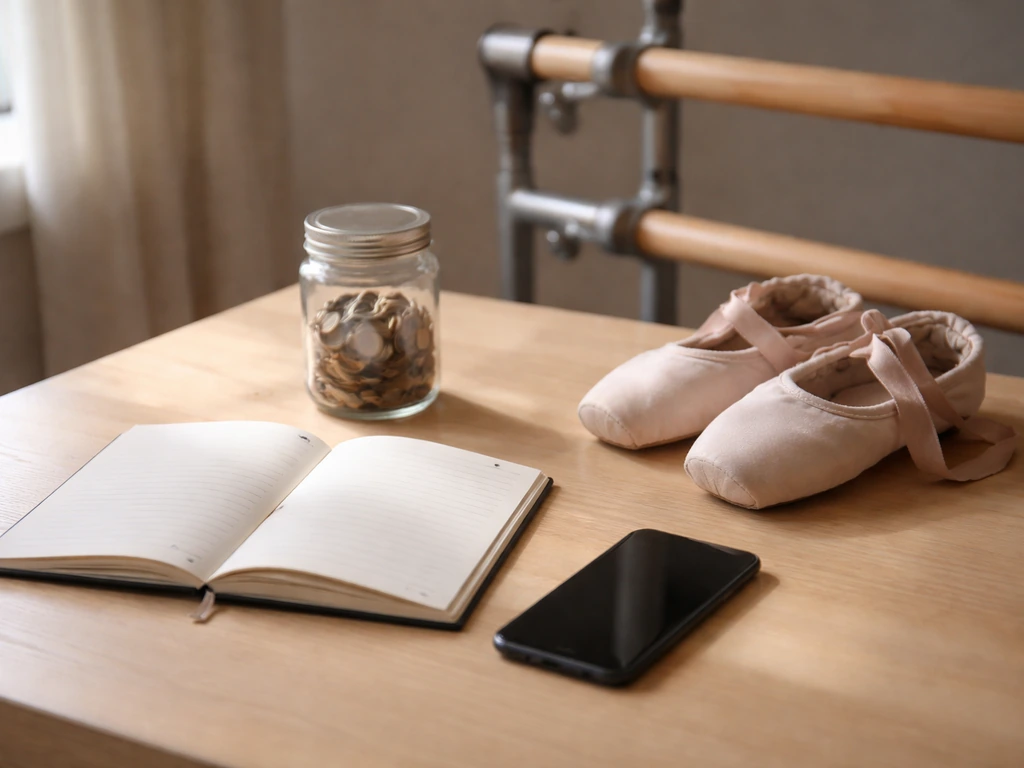 Minimal studio desk with coins in a jar, rehearsal shoes, and a phone suggesting career earnings.