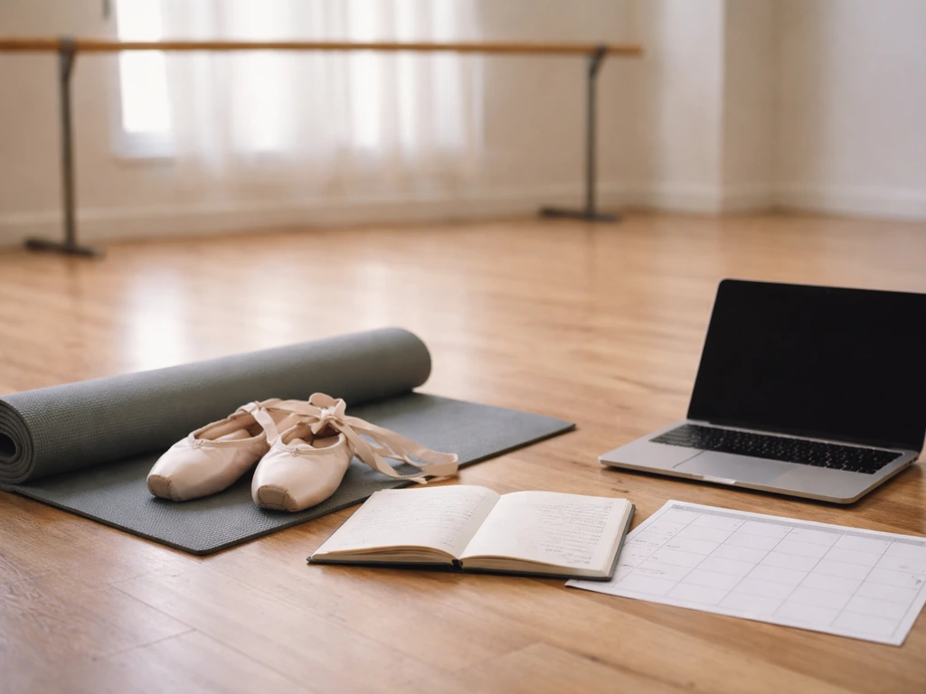 Minimal dance class setup with notebook and planner pages on the studio floor under natural light.