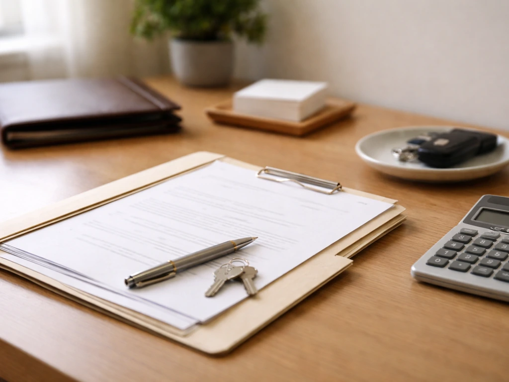 Minimal desk scene with blank property documents, calculator, and a portfolio representing supported vs speculative asse