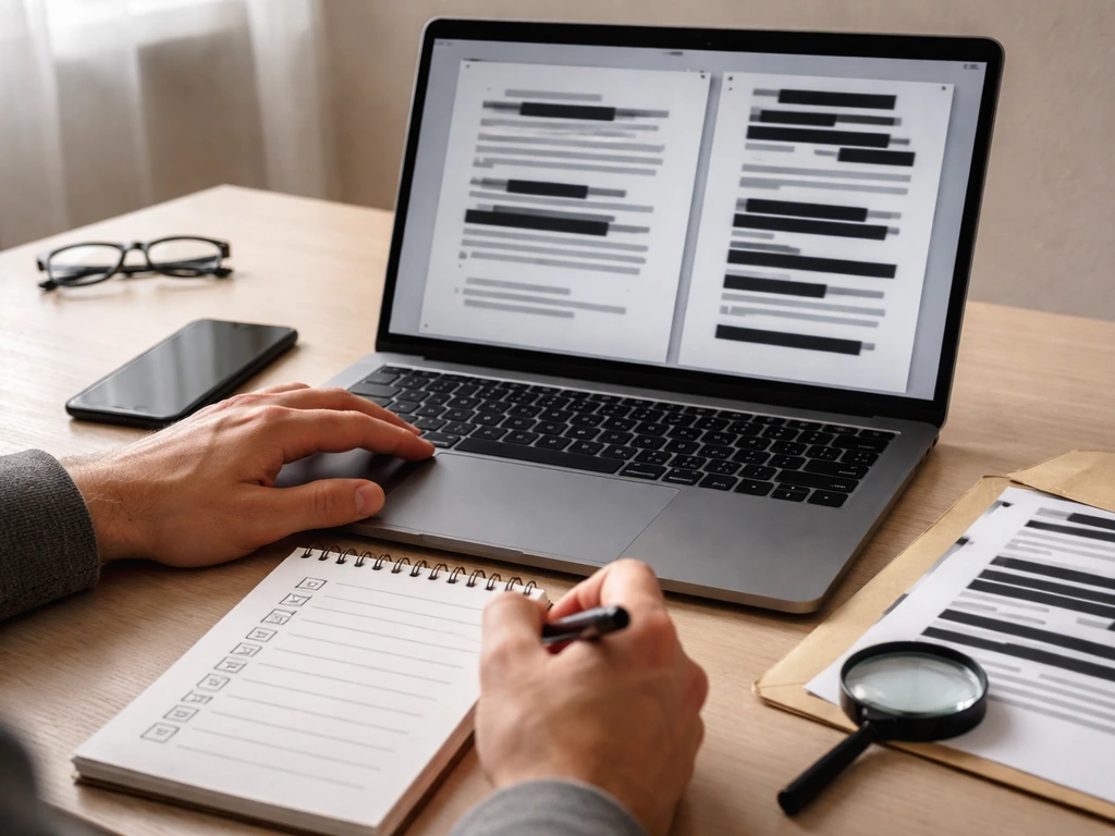 Person reviewing property records on a laptop with a checklist and redacted documents nearby.