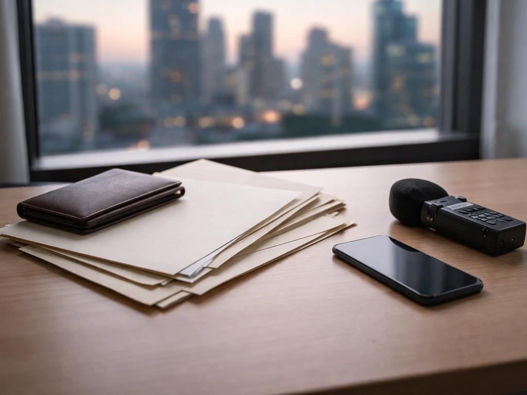 Anonymous office desk with open documents and a blurred city view suggesting identity and wealth estimate confusion