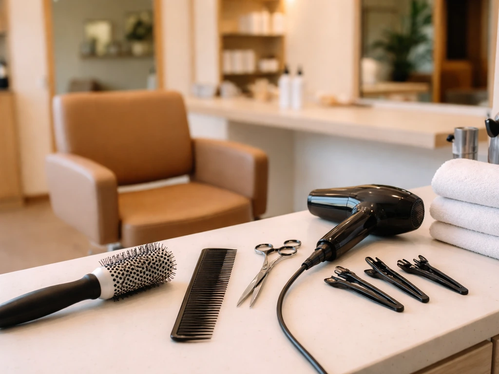 Warm-lit salon workstation with cosmetology tools on a clean counter, suggesting a beauty income source