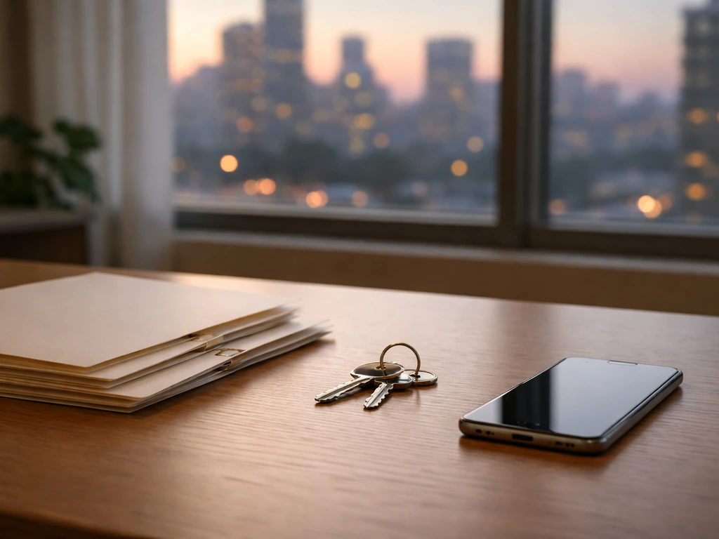 Minimal timeline-like photo with dates and milestones implied by staged keys, folders, and a city skyline