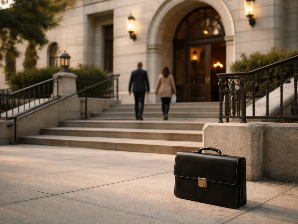 Civic City Hall entrance in Fontana with a briefcase near the steps and minimal passersby