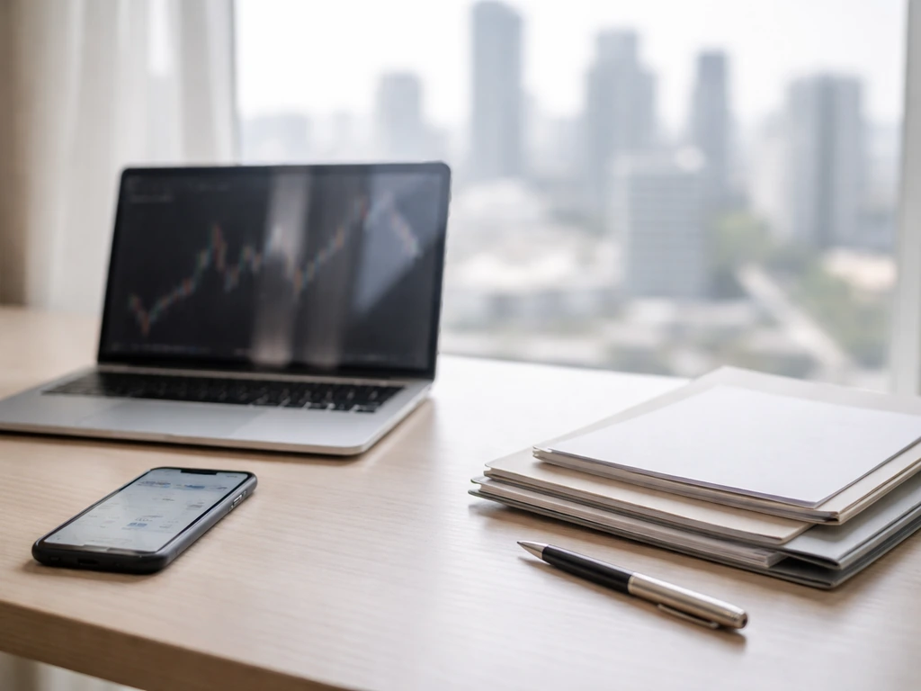 Minimal desk scene with blank documents and a phone, symbolizing building net worth estimates from public records.