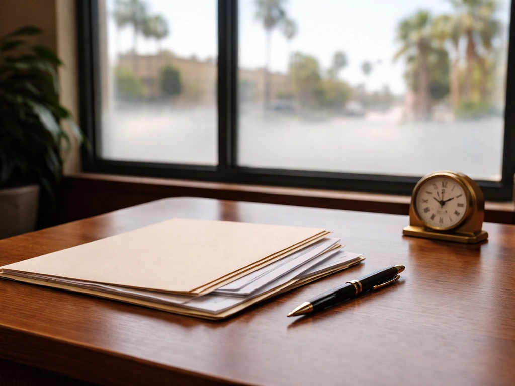 Minimal photo of a city hall office desk with scattered documents and a pen, symbolizing a career timeline.