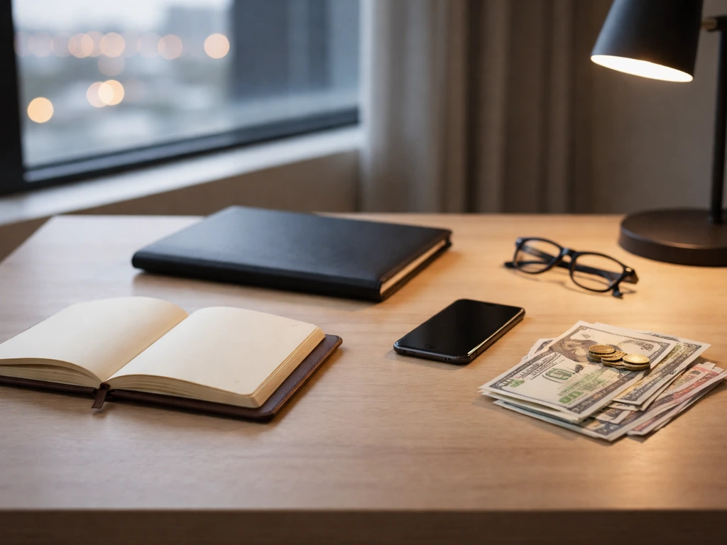 Minimal office desk scene with blurred notebook and money concept items suggesting wealth estimates