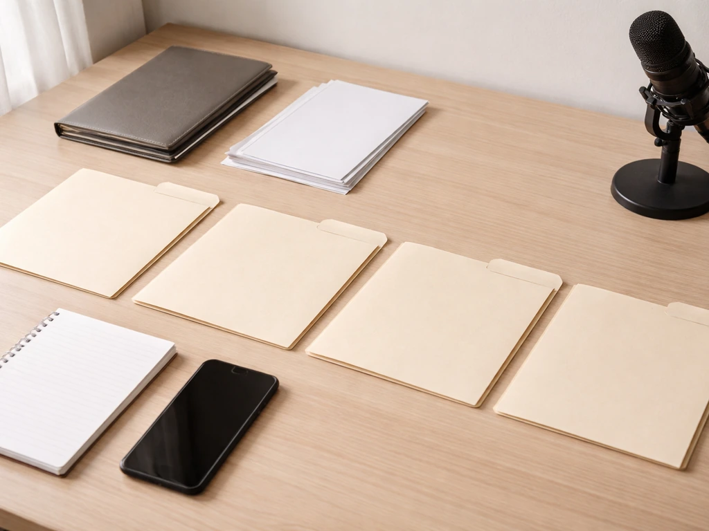 Minimal desk setup with organized folders and blank pages symbolizing assets, debts, and financial signals.