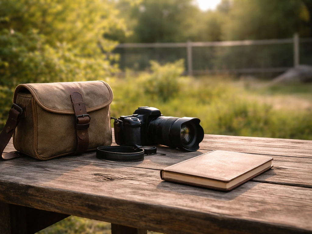 Wildlife conservation media scene: binoculars and wildlife camera on a wooden table outdoors.