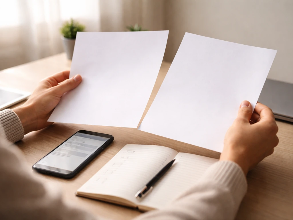 Hands comparing blank printouts and notes beside a phone, symbolizing responsible verification of estimates.