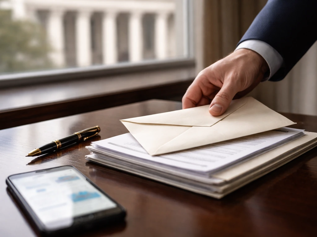 Anonymous office desk with sealed documents and phone near a courthouse view, symbolizing estate wealth administration.