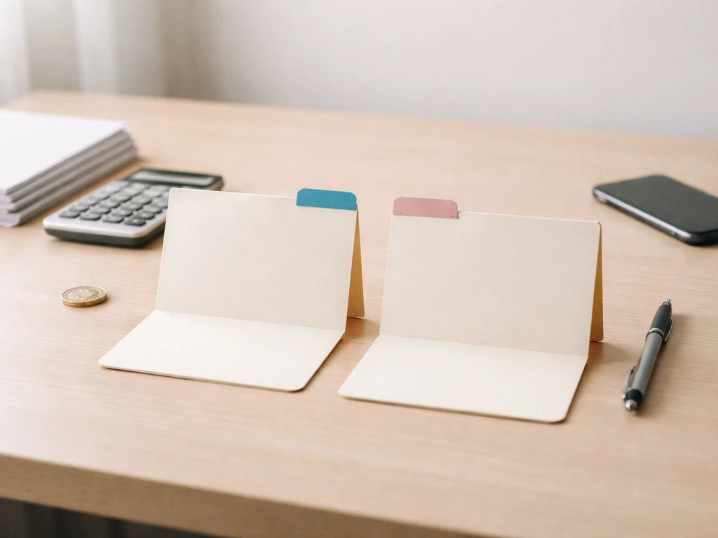 Minimal desk scene with two folders, calculator, and documents suggesting gross vs net probate comparison.