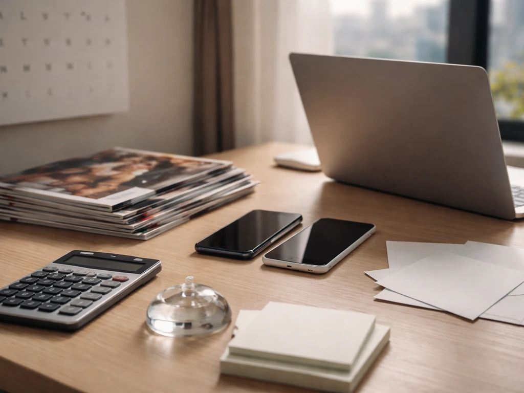 Desk with laptop and phones beside blank documents, symbolizing differing celebrity net-worth estimate sources.