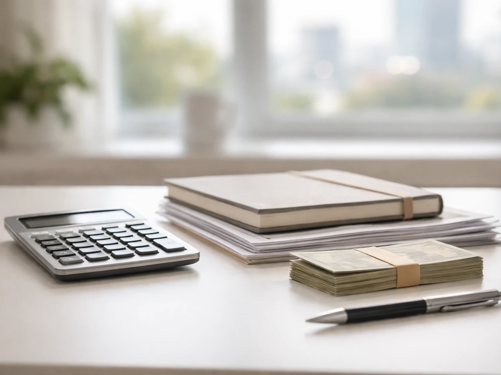 Minimal photo of an anonymous desk setup with calculator and neatly arranged cash and documents