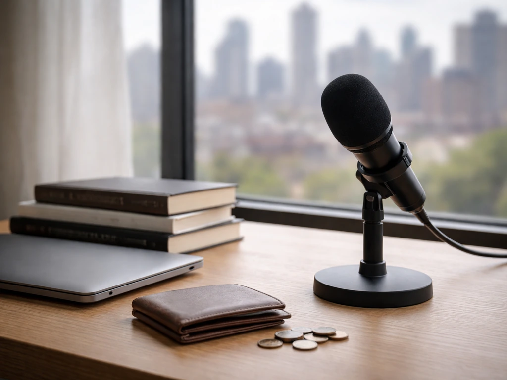 Minimal media desk scene with a microphone and wallet/coins, symbolizing TV-era wealth comparison.