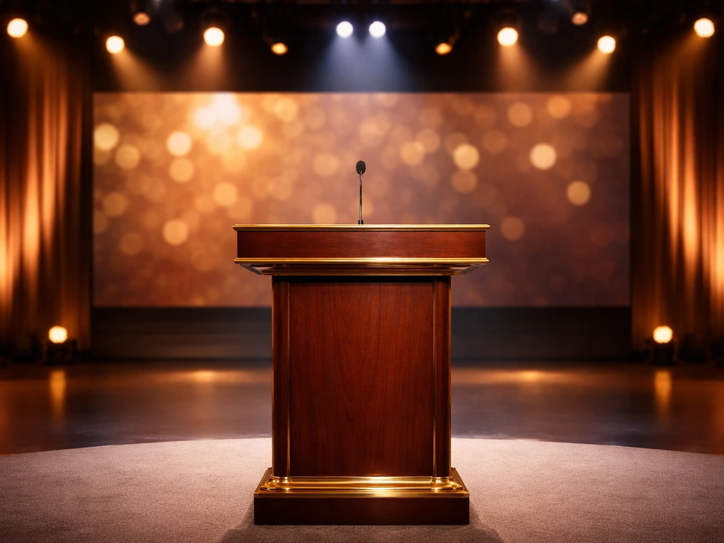 Warm TV studio scene with a host lectern and microphone under soft stage lights, no text.