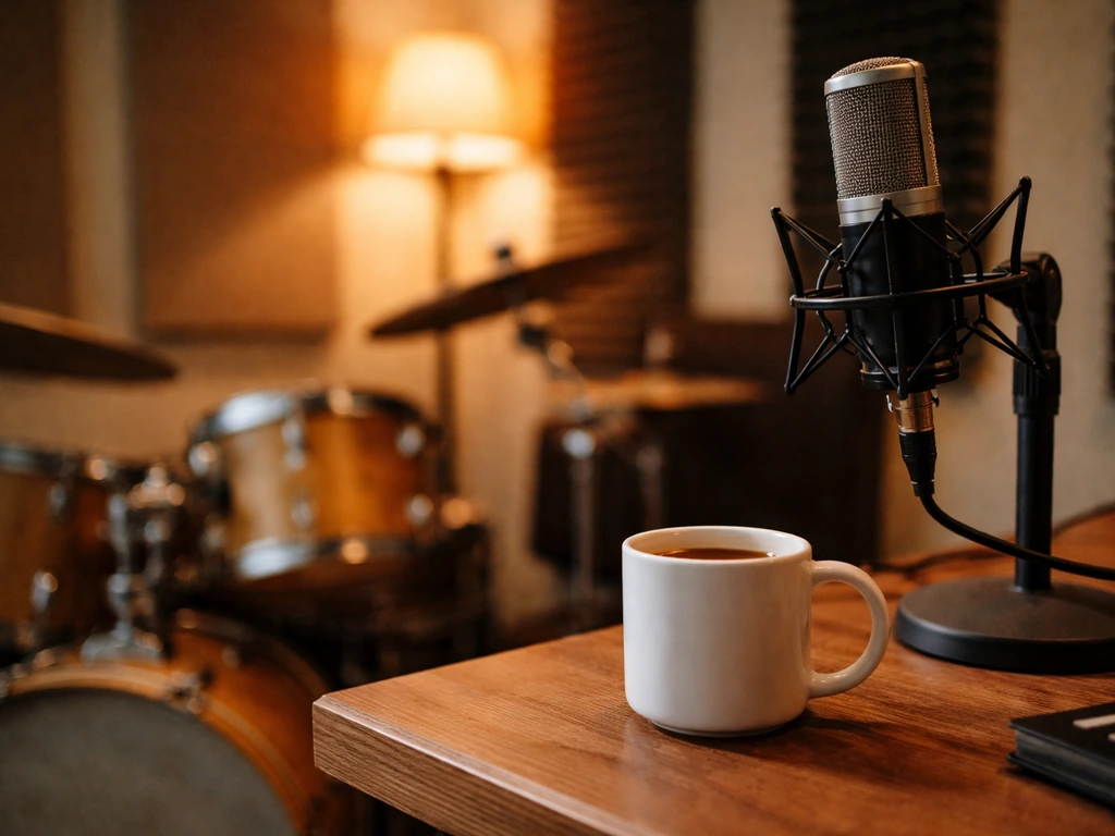 Quiet country music studio corner with a drum kit, coffee mug, and soft afternoon light symbolizing musicianship.