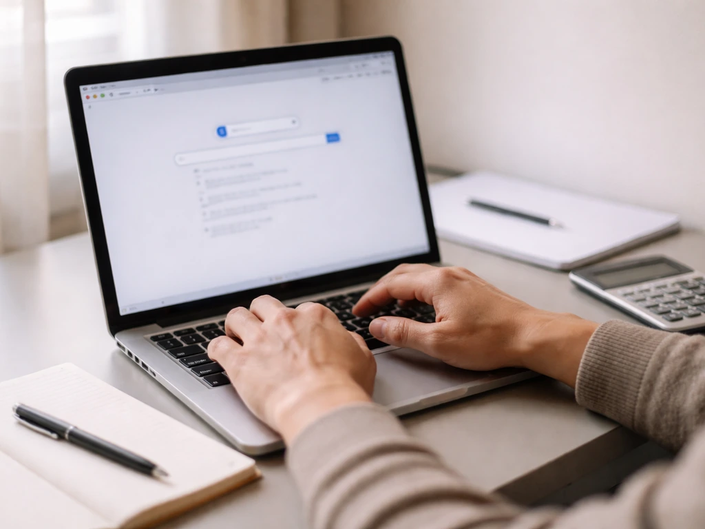 Person reviewing web search results on a laptop with a notebook and calculator, symbolizing fact-checking