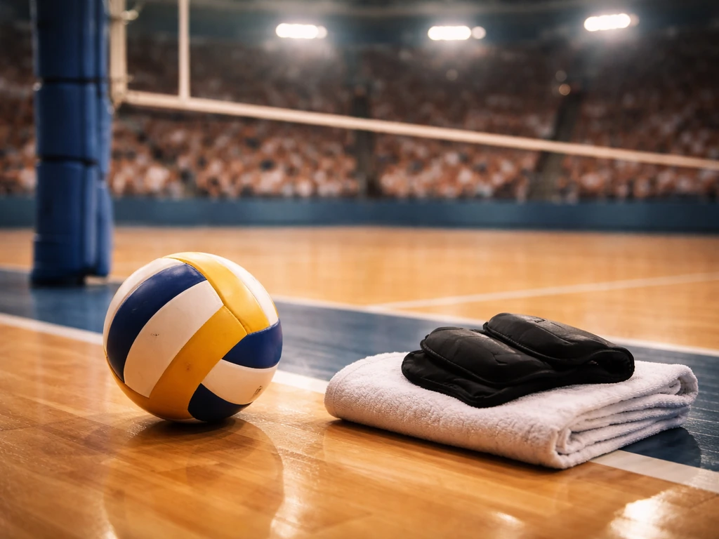 Volleyball on a court with net post and athletic gear in a stadium, symbolic sports-and-income hero image.