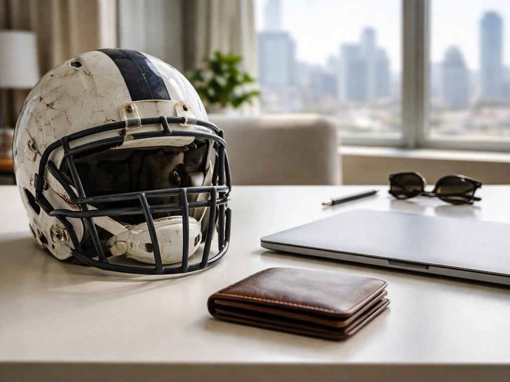 Unbranded football helmet on a desk with wallet and laptop, suggesting former NFL player financial analysis.