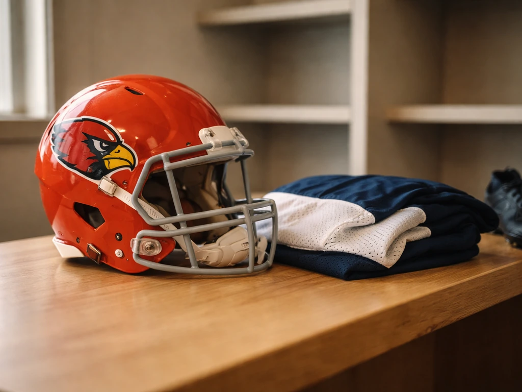 Arizona Cardinals–era Beanie Wells themed photo with a football helmet on a simple desk